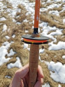 Dragontail Nirvana line holder/winder for tenkara rods. On-rod line storage.
